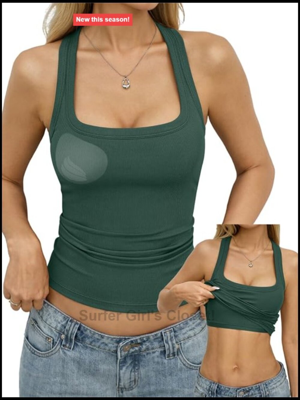 Women's Ribbed Racerback Tank Top with Built in Bra Removable Pads Square Neck